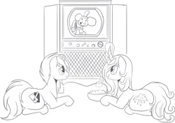 Size: 1474x1035 | Tagged: safe, artist:nauyaco, derpibooru import, oc, unofficial characters only, pony, unicorn, image, lying down, magic, male, mickey mouse, monochrome, png, prone, stallion, steamboat willie, television