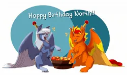 Size: 2048x1216 | Tagged: safe, artist:parrpitched, derpibooru import, oc, oc:fireheart(fire), oc:north star, bat pony, hybrid, pegasus, cute, food, happy birthday, hat, image, jpeg, mango, party hat, pegabat, pegasus oc, prisoners of the moon, wholesome, wings