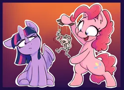 Size: 856x623 | Tagged: safe, artist:shoutingisfun, derpibooru import, pinkie pie, twilight sparkle, twilight sparkle (alicorn), oc, oc:anon, alicorn, earth pony, pony, bipedal, bone, both cutie marks, duo, duo female, female, g4, halloween, holiday, hoof hold, horn, image, implied anon, looking sideways, mare, marionette, one wing out, open mouth, open smile, png, puppet, puppet strings, sitting, skeleton, smiling, tail, wings