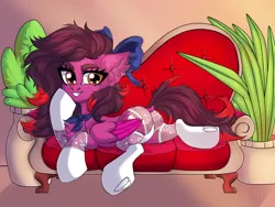 Size: 2400x1800 | Tagged: suggestive, artist:chloejoshh, derpibooru import, oc, oc:cassandra carat, pegasus, pony, bow, butt, clothes, female, hair bow, image, lace underwear, lounge, mare, pegasus oc, plants, plot, png, scarf, socks, stockings, sultry pose, thigh highs, wings