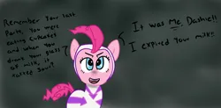 Size: 1000x490 | Tagged: safe, artist:wanda, derpibooru import, fili-second, pinkie pie, earth pony, pony, clothes, costume, dialogue, evil, female, image, png, power ponies, pure unfiltered evil, solo, text