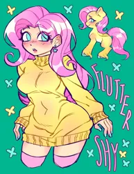 Size: 2282x2954 | Tagged: safe, artist:minky_uwu_p, derpibooru import, fluttershy, butterfly, human, insect, pegasus, pony, blushing, clothes, ear piercing, earring, eye clipping through hair, female, folded wings, g4, image, jewelry, jpeg, looking at you, midriff, painted nails, piercing, self paradox, self ponidox, simple background, socks, solo, sweater, teal background, text, thigh highs, wings