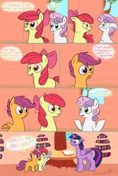 Size: 1200x1800 | Tagged: safe, artist:ghostwaffleheimer, ponerpics import, ponybooru import, apple bloom, scootaloo, sweetie belle, twilight sparkle, twilight sparkle (alicorn), alicorn, earth pony, pegasus, pony, unicorn, comic, cutie mark crusaders, dialogue, female, filly, foal, frown, golden oaks library, image, implied death, library, mare, png, speech bubble, sweat, sweatdrop