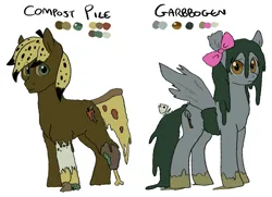Size: 1581x1146 | Tagged: safe, artist:ghostwaffleheimer, ponerpics import, ponybooru import, oc, oc:compost pile, oc:garbbogen, unofficial characters only, earth pony, hybrid, pegasus, pony, abomination, bow, female, image, male, mare, parent:soarin', png, simple background, stallion, trash, white background