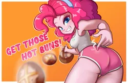 Size: 1541x1000 | Tagged: suggestive, artist:the-park, ponerpics import, ponybooru import, pinkie pie, human, equestria girls, ass, balloonbutt, basket, bread, breasts, busty pinkie pie, butt, clothes, female, food, gradient background, grin, hot pants, image, looking at you, looking back, looking back at you, orange background, pants, png, shorts, simple background, smiling, solo, solo female, text