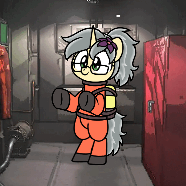Size: 600x600 | Tagged: safe, artist:sugar morning, derpibooru import, oc, oc:mercury shine, unofficial characters only, semi-anthro, unicorn, animated, bipedal, clothes, commission, dancing, flower, flower in hair, gif, glasses, hazmat suit, image, lethal company, solo, ych result