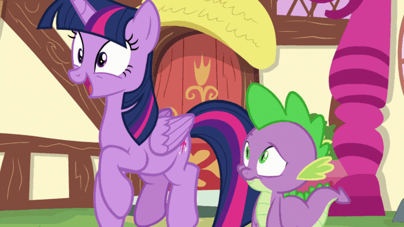 Size: 893x502 | Tagged: safe, derpibooru import, edit, edited screencap, screencap, spike, twilight sparkle, twilight sparkle (alicorn), alicorn, dragon, pony, ppov, adorkable, animated, building, concerned, confused, cute, dancing, dork, excited, extreme speed animation, female, g4, gif, image, looking up, loop, male, mare, seizure warning, talking, trotting, trotting in place, twiabetes
