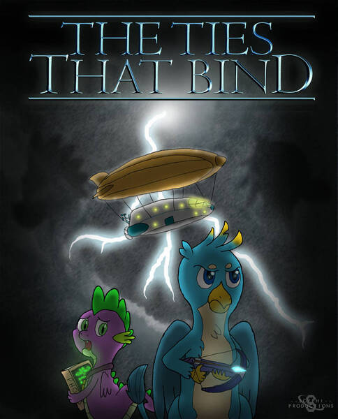 Size: 827x1026 | Tagged: safe, artist:scyphi, derpibooru import, gallus, spike, dragon, gryphon, fanfic, fanfic:the ties that bind, airship, cover art, crossbow, drama, fanfic art, fanfic cover, g4, image, jpeg, lightning, mystery, storm, weapon