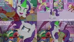Size: 2000x1125 | Tagged: safe, derpibooru import, edit, edited screencap, editor:quoterific, screencap, rarity, spike, dragon, pony, unicorn, inspiration manifestation, season 4, bag, book, crazy face, duo, duo male and female, eyeshadow, faic, female, g4, glow, glowing eyes, green eyes, grin, image, insanity, inspirarity, makeup, male, mare, messy, messy mane, messy tail, png, possessed, saddle bag, smiling, spellbook, tail