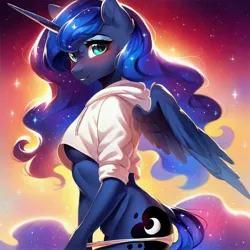 Size: 4096x4096 | Tagged: suggestive, ai content, derpibooru import, machine learning generated, stable diffusion, princess luna, alicorn, anthro, belly button, big head, bottomless, breasts, clothes, ethereal mane, female, g4, generator:pony diffusion v6 xl, generator:purplesmart.ai, hoodie, image, jpeg, nudity, partial nudity, prompter:anonynmi, slender, solo, solo female, thin, underboob