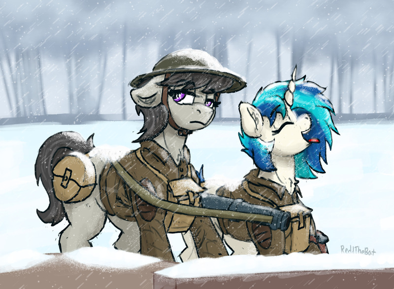 Size: 2492x1824 | Tagged: safe, artist:reddthebat, derpibooru import, octavia melody, vinyl scratch, earth pony, pony, unicorn, canteen, clothes, duo, eyes closed, female, floppy ears, frown, g4, gun, helmet, image, jpeg, lewis gun, looking around, machine gun, mare, military uniform, missing accessory, no glasses, open mouth, redd's great war universe, signature, snow, snowfall, soldier pony, tongue out, uniform, weapon, world war i