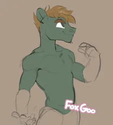 Size: 3664x4032 | Tagged: safe, artist:foxgoo, oc, unnamed oc, unofficial characters only, anthro, chest fluff, clothes, eyebrows, image, looking up, male, partial nudity, png, short mane, simple background, smiling, solo, topless