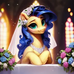 Size: 1024x1024 | Tagged: safe, ai content, derpibooru import, machine learning generated, prompter:maresforever, stable diffusion, oc, oc:milky way, earth pony, pony, blue mane, blushing, flower, flower in hair, g4, generator:pony diffusion v6 xl, image, looking at you, png, prompt in description, smiling, solo, wedding veil