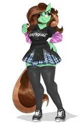 Size: 2673x4096 | Tagged: safe, artist:flutterthrash, derpibooru import, oc, unofficial characters only, anthro, earth pony, plantigrade anthro, breasts, busty oc, clothes, commission, female, hand on hip, image, jpeg, lidded eyes, plaid skirt, shoes, simple background, skirt, smiling, sneakers, socks, solo, stockings, thigh highs, white background