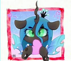 Size: 3500x3000 | Tagged: safe, artist:zokkili, derpibooru import, queen chrysalis, changeling, changeling queen, chibi, crown, female, heart, hoof hold, image, jewelry, jpeg, looking at you, nom, regalia, solo