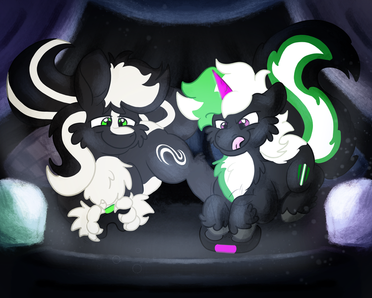 Size: 2500x2000 | Tagged: safe, artist:euspuche, derpibooru import, oc, oc:jareth guardstripe, oc:zenawa skunkpony, unofficial characters only, earth pony, hybrid, pony, skunk, skunk pony, unicorn, chest fluff, claws, controller, duo, duo male, earth pony oc, gaming, happy, hoof hold, horn, hybrid oc, image, lying down, male, oc x oc, paws, pillow, pillow fort, png, prone, raised tail, shipping, smiling, sploot, stallion, tail, television, together, tongue out, tv lighting, unicorn oc, video game