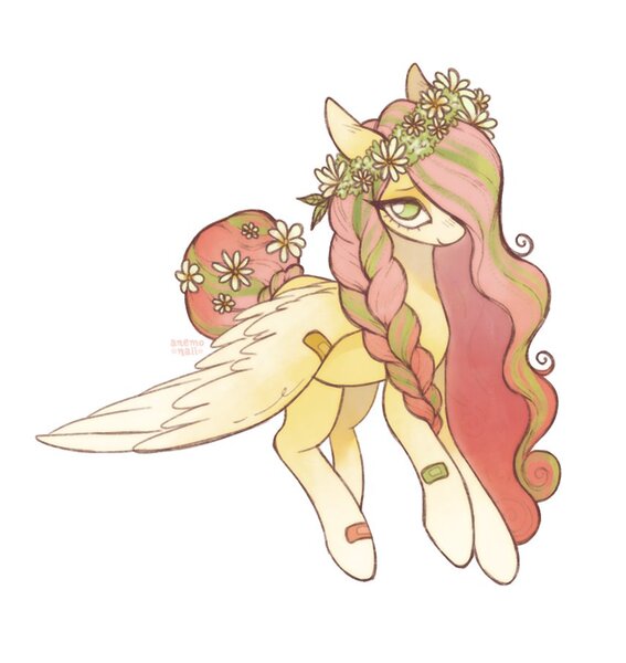 Size: 855x904 | Tagged: safe, artist:anemonaii, derpibooru import, fluttershy, pegasus, pony, alternate color palette, alternate design, alternate hairstyle, alternate tailstyle, bandaid, braid, braided ponytail, braided tail, coat markings, colored eartips, colored wings, eye clipping through hair, eyebrows, eyebrows visible through hair, eyelashes, facial markings, female, floppy ears, floral head wreath, flower, flower in hair, flower in tail, g4, green eyes, hair over one eye, hooves in air, image, jpeg, looking at you, mare, ponytail, redesign, signature, simple background, smiling, smiling at you, socks (coat marking), solo, stripe (coat marking), tail, tied tail, two toned hair, two toned tail, two toned wings, wavy mane, white background, wings, wings down