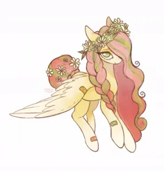 Size: 855x904 | Tagged: safe, artist:anemonaii, derpibooru import, fluttershy, pegasus, pony, alternate color palette, alternate design, alternate hairstyle, alternate tailstyle, bandaid, braid, braided ponytail, braided tail, coat markings, colored eartips, colored wings, eye clipping through hair, eyebrows, eyebrows visible through hair, eyelashes, facial markings, female, floppy ears, floral head wreath, flower, flower in hair, flower in tail, g4, green eyes, hair over one eye, hooves in air, image, jpeg, looking at you, mare, ponytail, redesign, signature, simple background, smiling, smiling at you, socks (coat marking), solo, stripe (coat marking), tail, tied tail, two toned hair, two toned tail, two toned wings, wavy mane, white background, wings, wings down