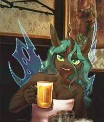 Size: 4259x5000 | Tagged: safe, artist:helemaranth, derpibooru import, queen chrysalis, anthro, changeling, changeling queen, pony, absurd resolution, alcohol, beer, breasts, cleavage, eyelashes, fangs, female, green eyes, image, insect wings, long ears, looking at you, nail polish, nails, png, real life background, signature, smiling, smiling at you, solo, towel, wavy hair, wings