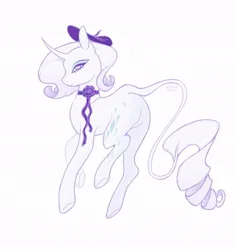 Size: 855x904 | Tagged: safe, artist:anemonaii, derpibooru import, rarity, pony, unicorn, alternate design, alternate mane color, beret, choker, coat markings, curved horn, eyeshadow, female, g4, hat, hooves in air, horn, image, jpeg, leonine tail, looking at you, makeup, mare, purple eyes, redesign, ribbon, signature, simple background, smiling, smiling at you, solo, tail, wavy hair, wavy tail, white background, white mane, white tail