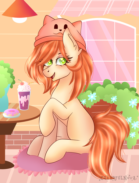 Size: 2340x3080 | Tagged: safe, artist:cheerful_nova, derpibooru import, oc, earth pony, pony, art trade, clothes, coffee shop, cute, donut, female, flower, food, frappuccino, full body, hat, image, png, smiling, solo