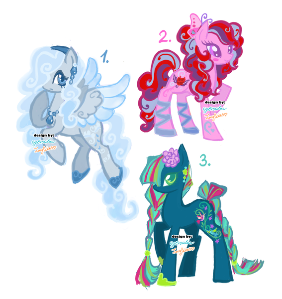 Size: 1280x1354 | Tagged: safe, artist:eyerealm, artist:junglicious64, derpibooru import, oc, unofficial characters only, butterfly, earth pony, insect, pegasus, pony, adoptable, ballet slippers, blue eyes, blue mane, blue tail, blushing, braid, braided tail, clothes, coat markings, colored eyelashes, colored hooves, colored wings, colored wingtips, curly mane, curly tail, cutie mark, ear piercing, earring, eyelashes, flower, flower in hair, flying, frown, green eyes, hair over one eye, headband, image, jewelry, multicolored mane, multicolored tail, necklace, no mouth, piercing, pink eyes, png, raised hoof, shoes, signature, simple background, smiling, spread wings, standing, staring at you, tail, trio, two toned wings, white background, wingding eyes, wings