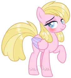 Size: 1293x1422 | Tagged: safe, artist:sinamuna, derpibooru import, oc, oc:daffodil sky, unofficial characters only, pegasus, pony, au:equuis, base used, blonde hair, blue eyes, blushing, image, png, redesign, smiling, solo