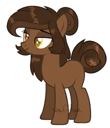 Size: 1517x1767 | Tagged: safe, artist:sinamuna, derpibooru import, oc, oc:reese dream, unofficial characters only, earth pony, pony, au:equuis, base used, brown hair, golden eyes, hair bun, heterochromia, image, orange eyes, png, redesign, smiling, solo, tail, tail bun, yellow eyes