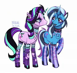 Size: 2107x2018 | Tagged: safe, artist:peachmichea, derpibooru import, starlight glimmer, trixie, pony, unicorn, clothes, duo, duo female, female, image, jpeg, makeup, mare, ponymania, simple background, socks, stockings, thigh highs, white background