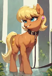 Size: 750x1097 | Tagged: safe, ai content, artist:stoneificaunt, machine learning generated, ponerpics import, ponybooru import, ms. harshwhinny, earth pony, pony, collar, cute, ear piercing, earring, female, image, jewelry, jpeg, leash, mare, pet, piercing, solo