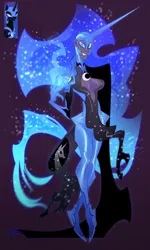 Size: 1229x2048 | Tagged: safe, artist:lizkaintrash, derpibooru import, nightmare moon, human, armor, blue eyes, blue sclera, clothes, colored sclera, g4, gloves, glow, glowing hair, helmet, horn, horned humanization, humanized, image, jpeg, long horn, looking at you, magic, purple background, simple background, smiling, smiling at you, sparkles, starry hair, stars