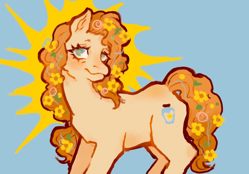 Size: 2048x1430 | Tagged: safe, artist:stellarphileistic, derpibooru import, pear butter, earth pony, pony, blue background, blue eyes, blushing, chest fluff, curly mane, curly tail, cutie mark, cyan background, ear blush, eyelashes, female, flower, flower in hair, flower in tail, frown, g4, image, jpeg, leaves, mare, nose blush, orange mane, orange tail, plant, ponytail, simple background, solo, standing, swirls, tail, wingding eyes