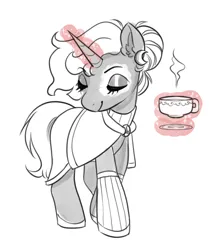Size: 2454x2882 | Tagged: safe, artist:opalacorn, derpibooru import, oc, unofficial characters only, pony, unicorn, cup, eyebrows, eyebrows visible through hair, eyes closed, female, image, jpeg, levitation, magic, mare, monochrome, partial color, simple background, smiling, solo, teacup, telekinesis, white background