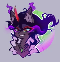 Size: 2048x2137 | Tagged: safe, artist:kitoreii, derpibooru import, king sombra, pony, unicorn, big ears, blushing, colored ear fluff, colored horn, colored pinnae, curved horn, ear fluff, eyeshadow, fangs, g4, glow, glowing eyes, glowing horn, gray background, horn, image, jewelry, long horn, makeup, male, multicolored eyes, necklace, png, simple background, smiling, solo, stallion, wavy mane