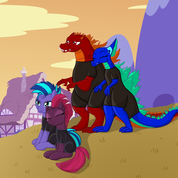 Size: 3015x3015 | Tagged: safe, artist:iamaveryrealperson, derpibooru import, tempest shadow, oc, oc:breez waterlow, oc:noah firebreath, oc:vortex darkside, kaiju, pony, reptile, unicorn, art request, bipedal, broken horn, canon x oc, clothes, cloud, eye scar, eyes closed, facial scar, female, g4, grass, hill, horn, image, jumpsuit, looking at something, looking offscreen, male, mare, mountain, oc x oc, orange sky, png, ponyville, request, requested art, scales, scar, shipping, sitting, sky, smiling, spandex, stallion, standing, straight, sunset, teeth
