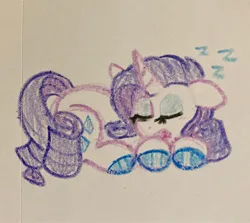 Size: 2048x1830 | Tagged: safe, artist:pink-pone, derpibooru import, rarity, pony, unicorn, colored hooves, crayon drawing, cutie mark, eyelashes, eyes closed, eyeshadow, female, g4, horn, image, jpeg, lying down, makeup, mare, onomatopoeia, open mouth, purple mane, purple tail, shiny hoof, sleeping, solo, sound effects, tail, traditional art, wavy mane, wavy tail, zzz