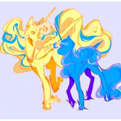 Size: 950x950 | Tagged: safe, artist:vintagecococola, derpibooru import, princess celestia, princess luna, alicorn, pony, blue background, duo, duo female, female, g4, height difference, image, jpeg, limited palette, looking at each other, looking at someone, royal sisters, siblings, simple background, sisters, smiling, smiling at each other