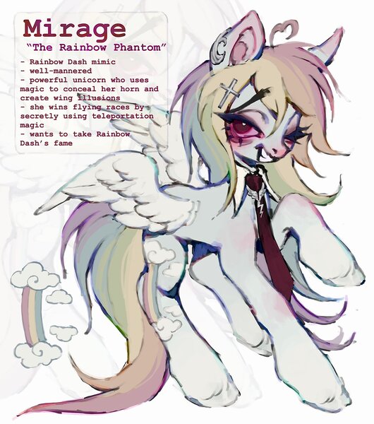 Size: 1810x2048 | Tagged: safe, artist:p0nyplanet, derpibooru import, oc, mimic, pegasus, pony, cloud, eyelashes, grin, image, jpeg, multicolored hair, not rainbow dash, rainbow, rainbow hair, rainbow tail, red eyes, reference sheet, smiling, solo, tail, text, wings