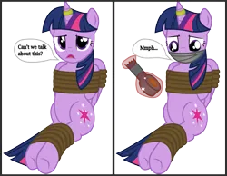 Size: 2131x1654 | Tagged: safe, artist:cardshark777, derpibooru import, twilight sparkle, twilight sparkle (alicorn), alicorn, pony, 2 panel comic, bondage, bound and gagged, comic, dialogue, digital art, duct tape, female, g4, gag, helpless, hooves behind back, horn, horn ring, image, jewelry, levitation, looking at you, looking down, magic, magic suppression, mare, muffled words, png, ring, rope, rope bondage, simple background, sitting, solo, speech bubble, talking, talking to viewer, tape, tape gag, telekinesis, text, tied up, transparent background