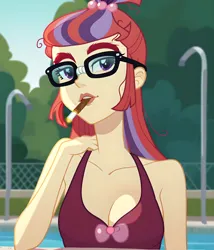 Size: 2800x3264 | Tagged: safe, ai content, derpibooru import, machine learning generated, prompter:thismaybeyou, stable diffusion, moondancer, human, equestria girls, breasts, clothes, equestria girls-ified, g4, generator:pony diffusion v6 xl, glasses, image, looking at you, one-piece swimsuit, open mouth, png, poolside, shoulderless, show accurate, smoking, solo, swimming pool, swimsuit