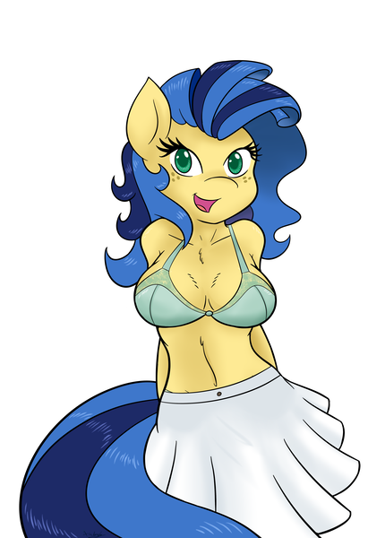 Size: 4302x6000 | Tagged: suggestive, alternate version, artist:ambris, derpibooru import, oc, oc:milky way, unofficial characters only, anthro, pony, absurd resolution, belly button, bra, breasts, clothes, explicit source, female, image, looking at you, mare, multiple variants, png, simple background, skirt, solo, solo female, underwear, white background