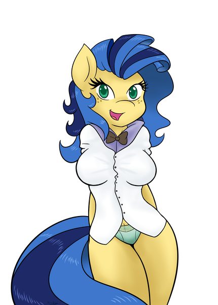 Size: 4302x6000 | Tagged: suggestive, alternate version, artist:ambris, derpibooru import, oc, oc:milky way, unofficial characters only, anthro, pony, absurd resolution, bowtie, breasts, clothes, explicit source, female, image, looking at you, mare, multiple variants, panties, png, shirt, simple background, solo, solo female, underwear, white background