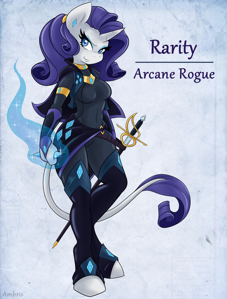 Size: 1274x1675 | Tagged: safe, artist:ambris, derpibooru import, rarity, anthro, classical unicorn, unguligrade anthro, unicorn, adventuring is magic, alternate hairstyle, belly button, bodysuit, clothes, cloven hooves, colored pupils, fantasy class, female, g4, horn, image, leonine tail, looking at you, multiple variants, png, rapier, rogue, smiling, smirk, solo, sword, tail, unshorn fetlocks, weapon