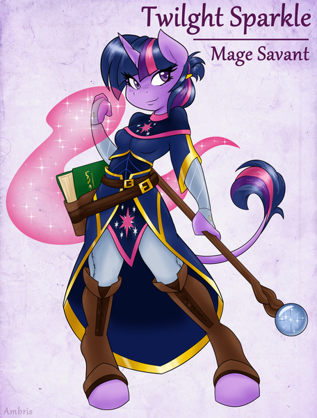 Size: 1274x1675 | Tagged: safe, artist:ambris, derpibooru import, twilight sparkle, anthro, classical unicorn, unguligrade anthro, unicorn, adventuring is magic, book, cloven hooves, colored pupils, fantasy class, female, g4, glowing hands, horn, image, leonine tail, mage, magic, multiple variants, png, solo, staff, tail, unshorn fetlocks