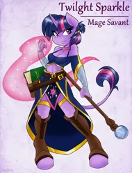 Size: 1274x1675 | Tagged: suggestive, alternate version, artist:ambris, derpibooru import, twilight sparkle, anthro, classical unicorn, unguligrade anthro, unicorn, adventuring is magic, belly button, book, breasts, cleavage, cloven hooves, colored pupils, fantasy class, female, g4, glowing hands, horn, image, leonine tail, mage, magic, midriff, multiple variants, png, reasonably sized breasts, solo, staff, tail, unshorn fetlocks