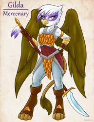 Size: 1275x1650 | Tagged: safe, artist:ambris, derpibooru import, gilda, anthro, gryphon, adventuring is magic, armor, clothes, colored pupils, fantasy class, female, g4, glaive, image, looking at you, mercenary, multiple variants, png, solo, spread wings, weapon, wings