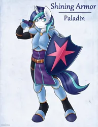 Size: 1275x1650 | Tagged: safe, artist:ambris, derpibooru import, shining armor, anthro, unguligrade anthro, unicorn, adventuring is magic, armor, colored pupils, fantasy class, g4, image, knight, looking at you, male, paladin, png, shield, solo, sword, warrior, warrior shining armor, weapon
