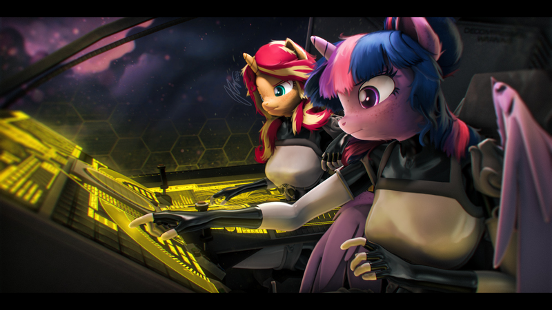 Size: 9600x5400 | Tagged: safe, artist:imafutureguitarhero, derpibooru import, sci-twi, sunset shimmer, twilight sparkle, twilight sparkle (alicorn), alicorn, anthro, pony, unicorn, 3d, absurd file size, absurd resolution, alicornified, black bars, cheek fluff, chin fluff, chromatic aberration, clothes, colored eyebrows, colored eyelashes, colored wings, duo, dust, ear fluff, ear freckles, female, film grain, floppy ears, fluffy, fluffy hair, fluffy mane, freckles, fur, g4, gloves, glow, horn, image, jpeg, latex, latex gloves, latex stockings, latex suit, letterboxing, long hair, long mane, mare, multicolored hair, multicolored mane, neck fluff, nose wrinkle, paintover, particles, peppered bacon, race swap, revamped anthros, revamped ponies, sci-twilicorn, science fiction, shiny, signature, sitting, skintight clothes, sky, socks, source filmmaker, space shuttle, spaceship, stockings, thigh highs, two toned wings, wall of tags, wing fluff, wings