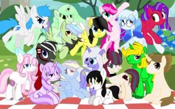 Size: 734x457 | Tagged: safe, derpibooru import, oc, oc:altersmay earth, ponified, unnamed oc, alicorn, earth pony, pegasus, pony, unicorn, bow, colored hooves, female, flying, glasses, grin, hair bow, headphones, horn, image, jpeg, looking at each other, looking at someone, looking at you, male, mare, older, older altersmay earth, open mouth, picnic blanket, planet ponies, round glasses, sitting, smiling, smiling at you