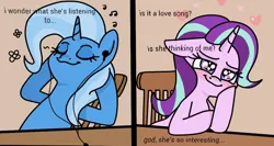 Size: 1000x532 | Tagged: safe, artist:pr0ject_001, derpibooru import, edit, starlight glimmer, trixie, pony, unicorn, blushing, chair, cropped, duo, female, flower, g4, headset, heart, heart eyes, hoof on chin, hooves behind head, image, lesbian, mare, music, music notes, png, shipping, sitting, smiling, startrix, table, wingding eyes